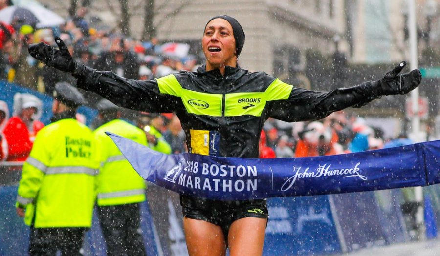 Desiree+Linden+crosses+the+Boston+Marathon+finish+line%2C+becoming+the+first+American+female+winner+in+33+years.