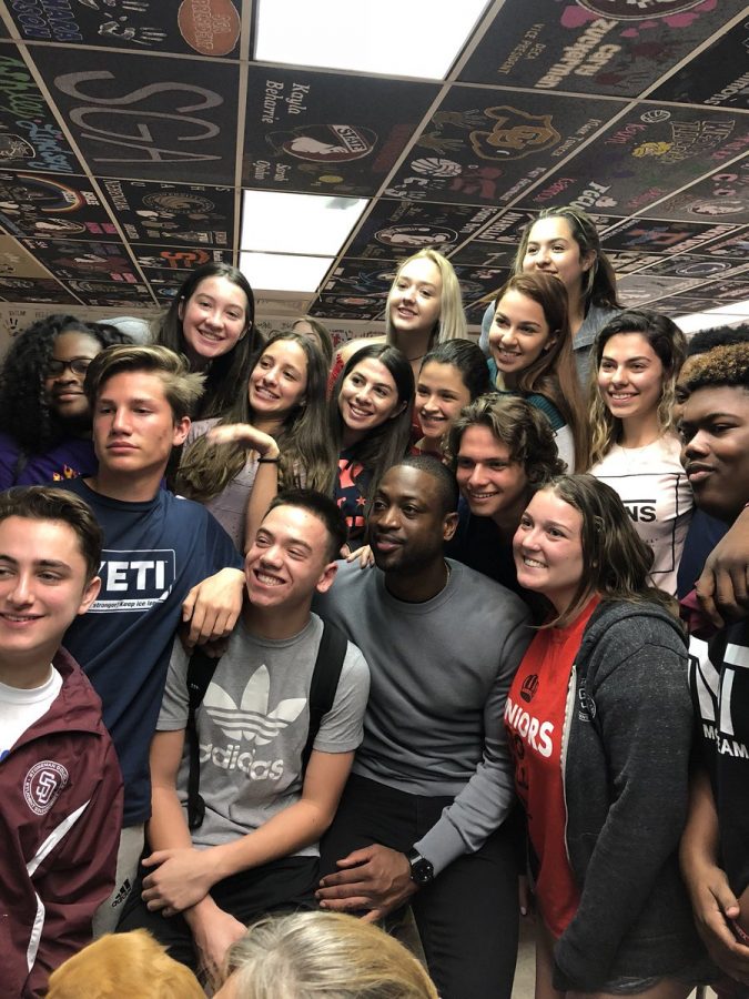 Miami Heat guard, Dwyane Wade, visits Marjory Stoneman Douglas High School.