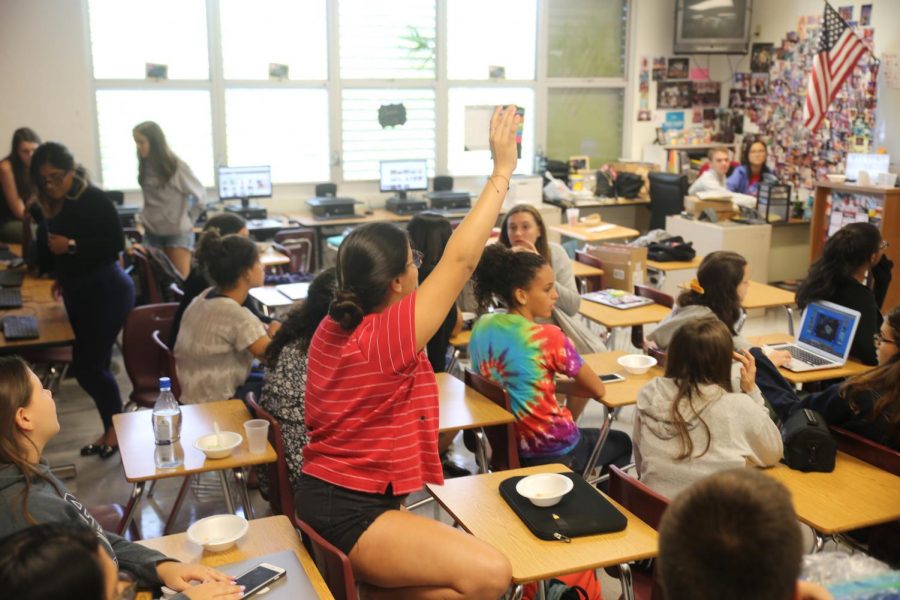 The yearbook staff in their classroom during production week. 