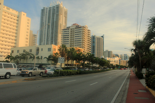 A typical view down the street of Miami Beach overlooking the expensive apartments and lavish streets.