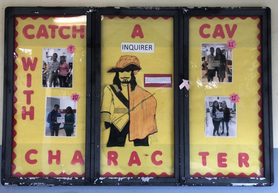 "Catch a Cav With Character" bulletin board can be found next to the guidance counselors' office. Stop by for a look! 