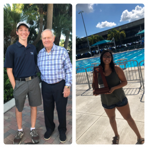 Senior golfer Max Rego (left) poses with golf legend Jack Nicklaus. Senior swimmer Camila Torres (right) holds the district runner-up trophy.