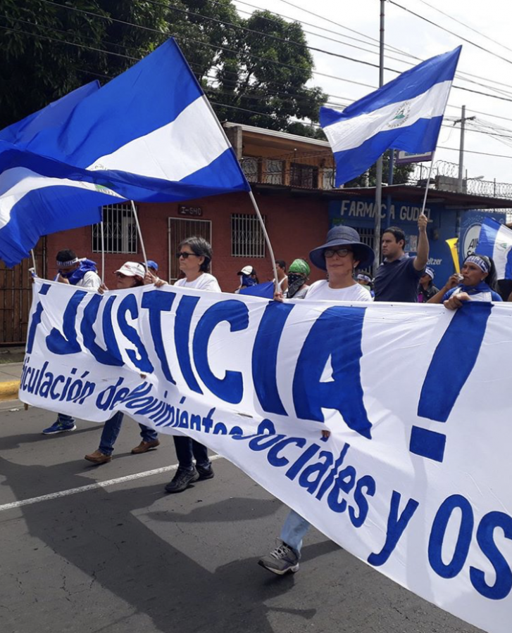 Migrants from Nicaragua hold their flag while marching through Mexico.