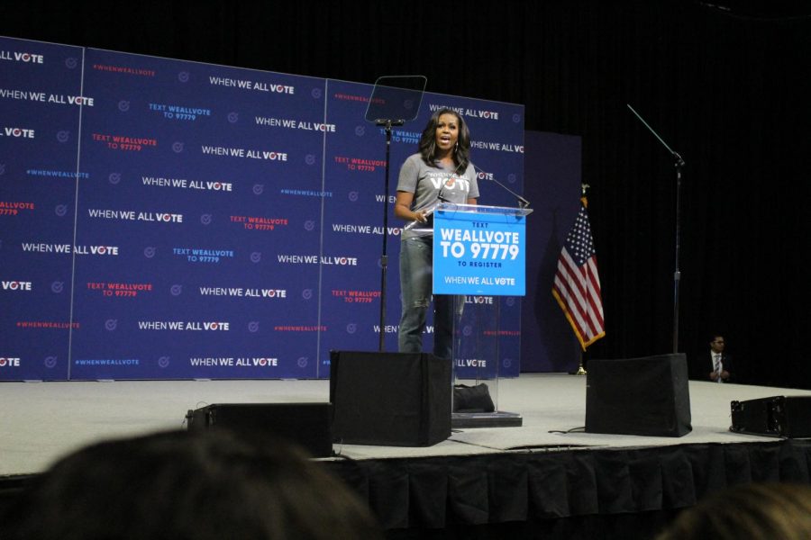 The crowd listens intensely as Mrs. Obama delivers her personal message of why registering for voting is so important.