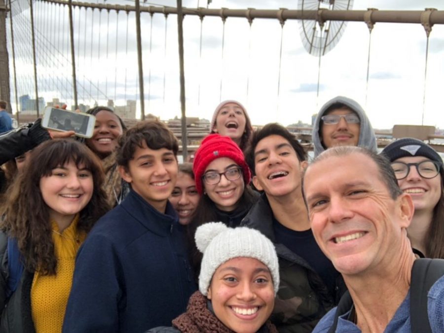 The+group+of+students+who+attended+out+of+state+college+tour+and+Mr.+Molina+pose+for+a+quick+selfie.+