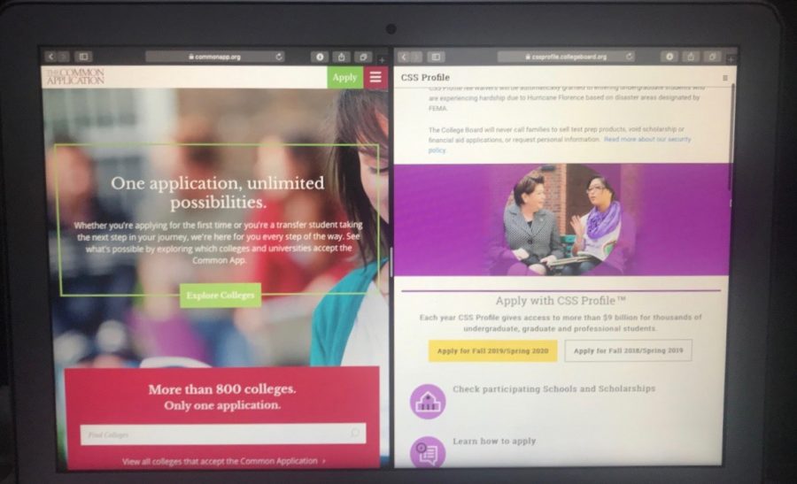 The CSS profile and Common Application open on a student's computer. 