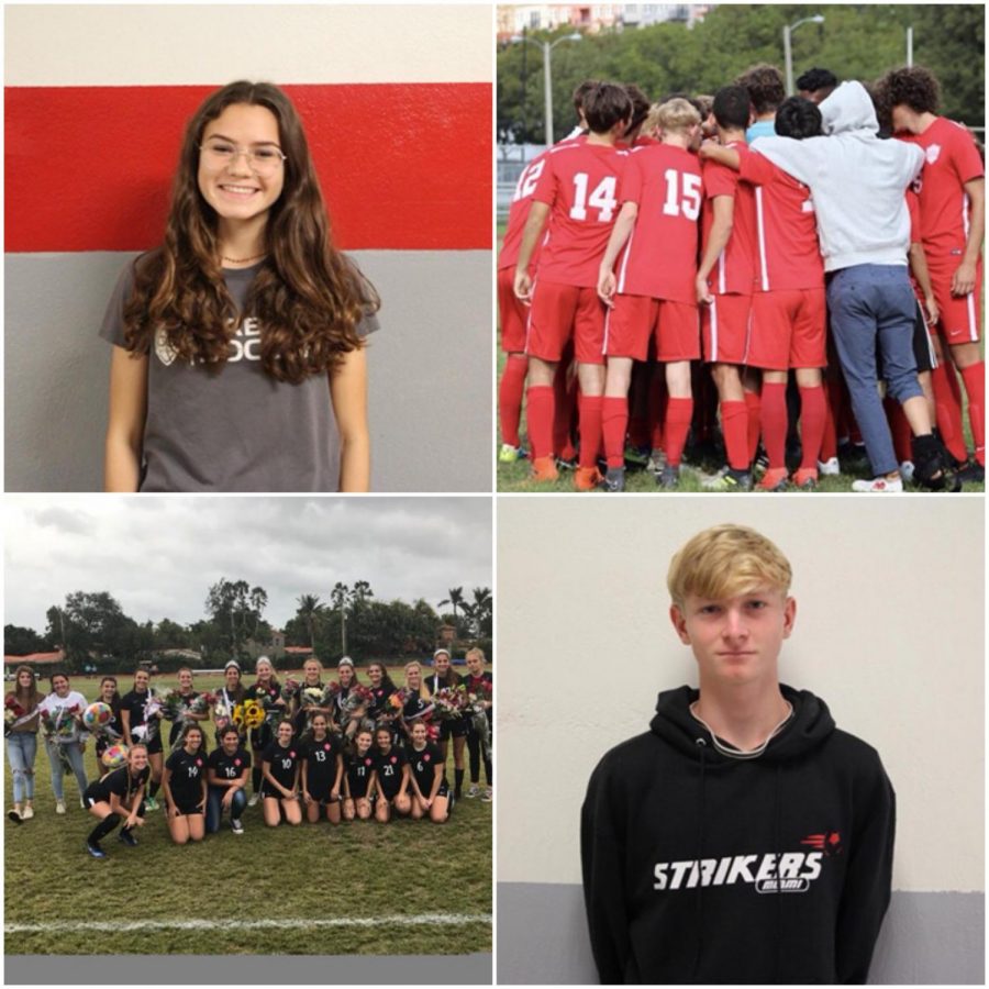 Sophomore Nina Montero (left) with her teammates last year after senior game and junior Jason Wood (right) huddling alongside teammates before beginning a soccer game. 