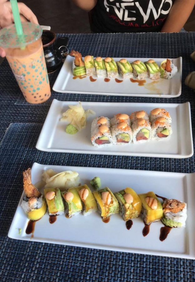 Dragon roll, Whole Foods roll, Budda Cane Roll and Boba Tea from Sushi Maki.