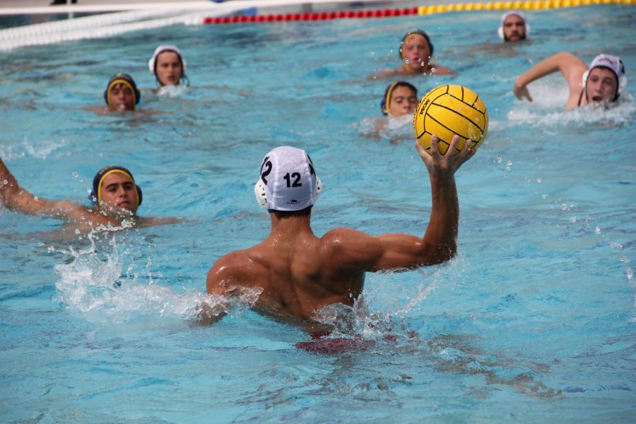 A+Cavalier+Water+Polo+player+aims+for+his+target+while+lunging+out+of+the+water+in+a+Districts+meet+against+Belen.