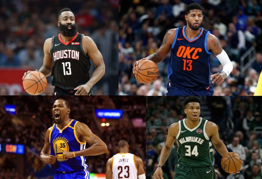 James Harden  (Top Left), Kevin Durant (Bottom Left), Paul George (Top Right), and Giannis Antetokounmpo (Bottom Right), are the four frontrunners for the 2019 NBA MVP award, and each is more than equipped with all the tools necessary to even be considered for the honor.