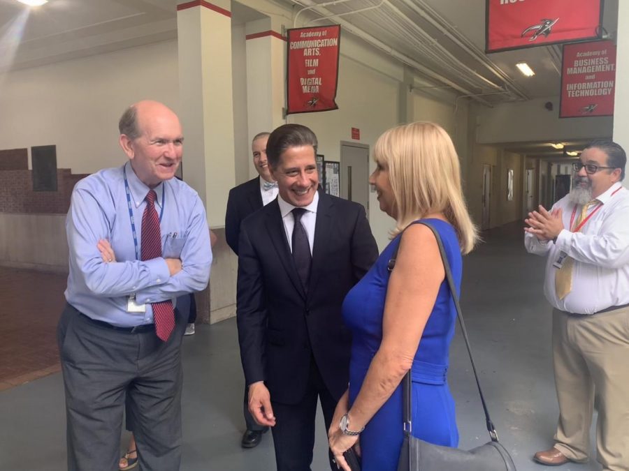 Superintendent Alberto Carvalho alongside Miami- Dade County Public Schools board member Mari Tere Rojas discussing the unique CARS program initiated by Gables that they wish to implement at other schools. 