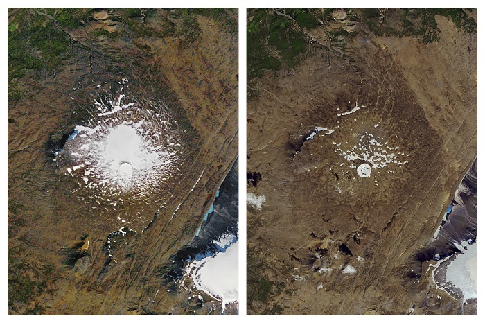 These two images, taken on Sept. 14, 1986 and Aug.1, 2019, show the shrinking of the Okjökull over time.