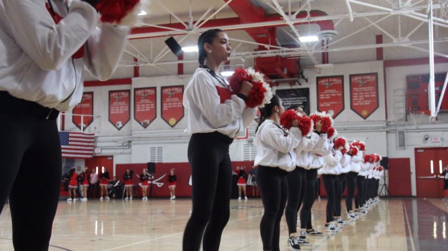 The Gablettes performing on the sidelines before the beginning of the pep rally.