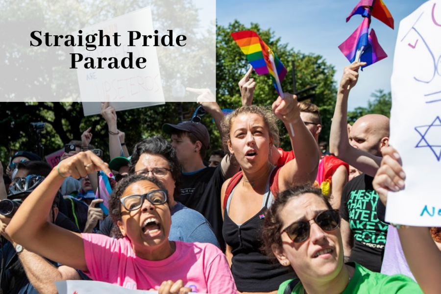 Protesters attending the Straight Pride Parade to oppose the participants' views, in support of the LGBTQ+ community.