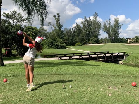 Cavalier golfers practice  their swings before striking the golf ball to correct their form and aim.