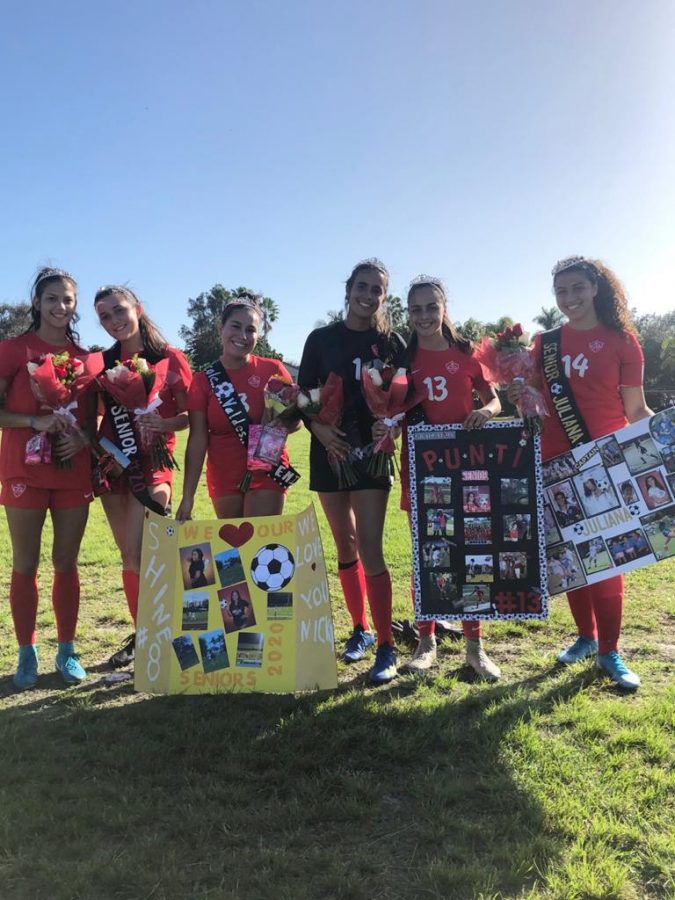 (Left to Right) Luana Gomes, Ella Black, Nicole Valdes, Ayelen Escuarido, Natalie Puntonet, Juliana Bonavita. Seniors Honored at the Senior Game. 