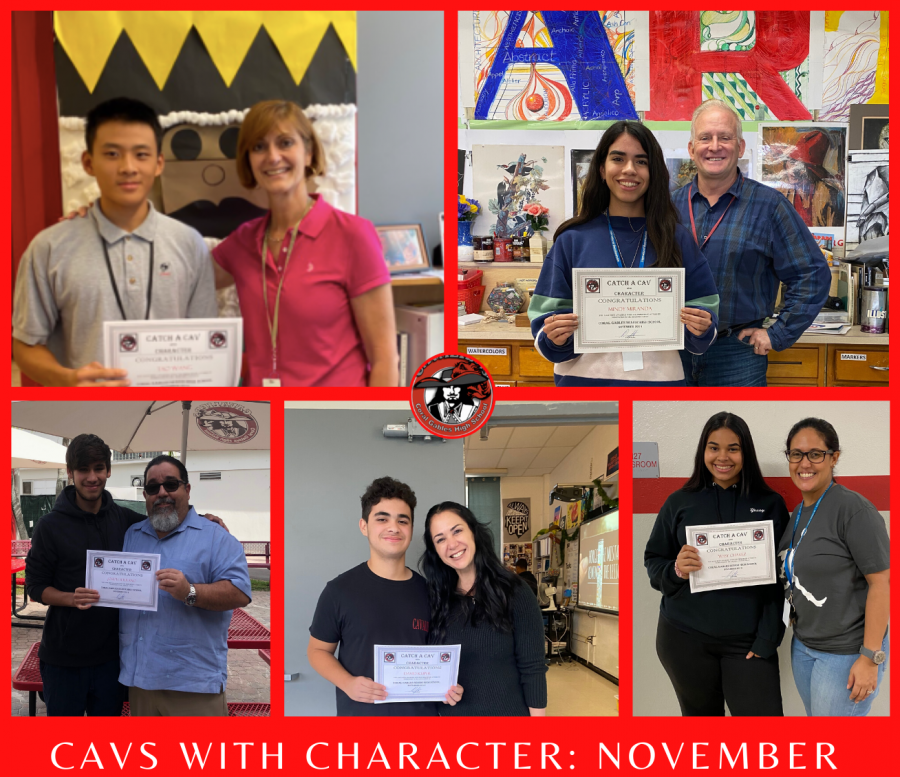 The five students who were recognized as 'Cavs with Character' for the month of Nov.  and the teacher or adminstrator that nominated them. 