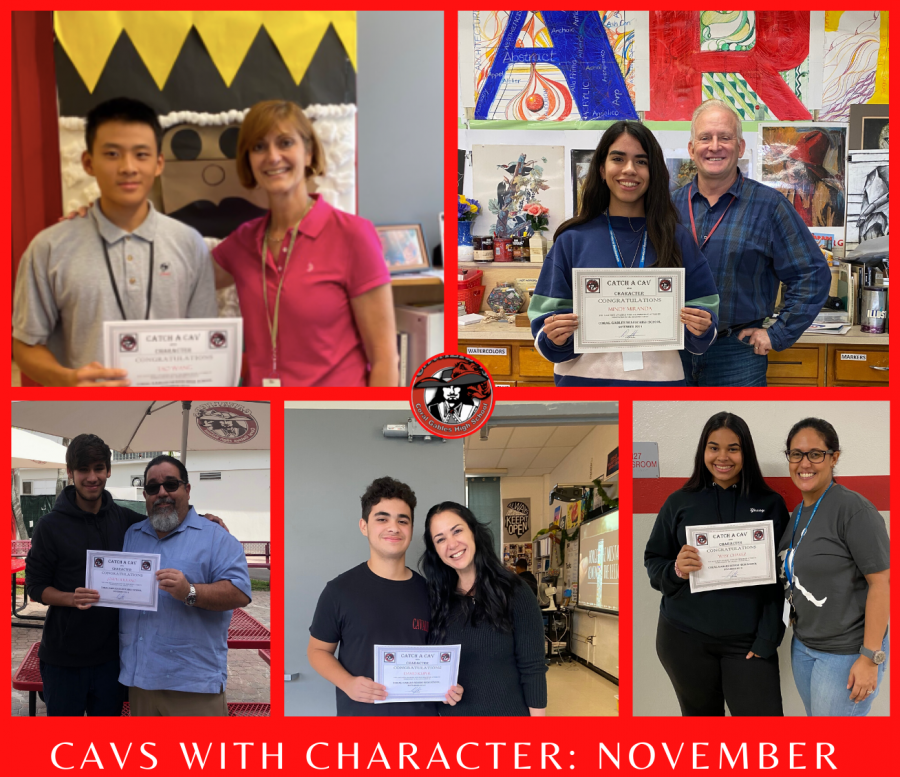 The+five+students+who+were+recognized+as+Cavs+with+Character+for+the+month+of+Nov.++and+the+teacher+or+adminstrator+that+nominated+them.+