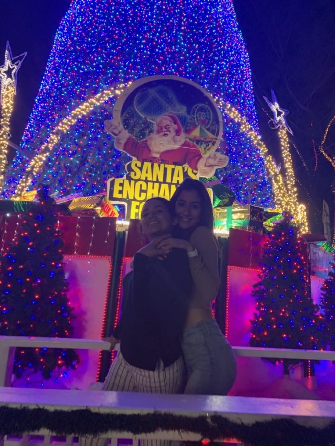 Two friends in front of Santas Enchanted Forests famous Christmas tree. 