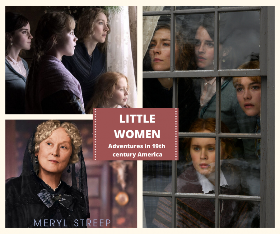 The March sisters, Jo, Beth, Amy, and Meg looking out a window, alongside their Aunt played by Meryl Streep in one of the most iconic poses of the previous adaptations .