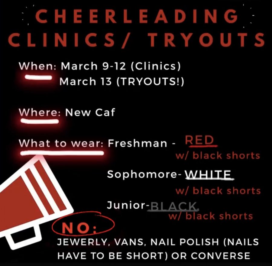 This informational flyer was posted all over social media to inform possible cheerleading candidates about the upcoming tryout dates.