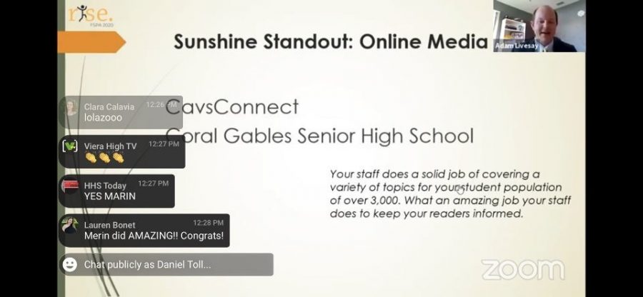 A screenshot of when Cavsconnect was awarded Sunshine Standout for the first time in years from FSPAs youtube live. 