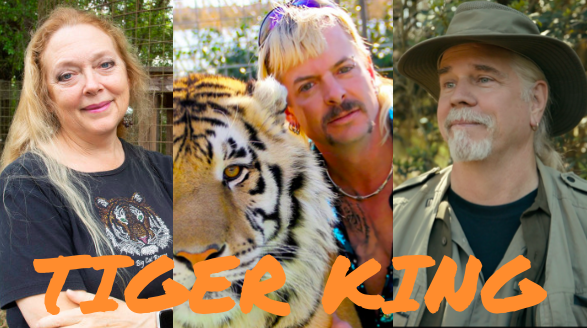 Featured above are the stars of the documentary Tiger King: Murder Mayhem and Madness. From left to right there is Carole Baskin, Joe Exotic and Bhagavad Antle.