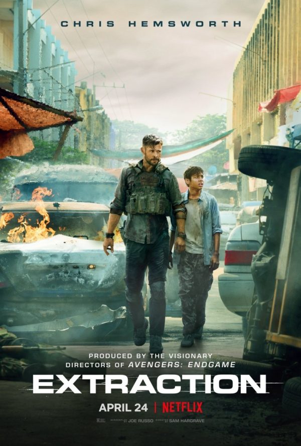 2020 action filled movie "Extraction" displaying the two main characters during their mission. 