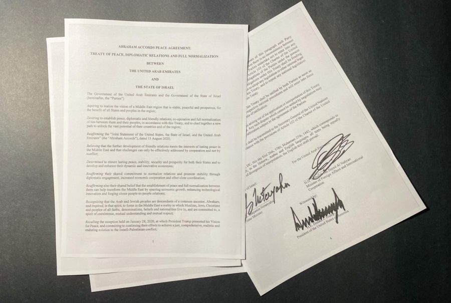 Picture of the Abraham Accords Peace Agreement depicting the signatures of the diplomats. Including Prime Minister Benjamin Netanyahu, Adullah bin Zayed Al Nahyan, and President Donald Trump.