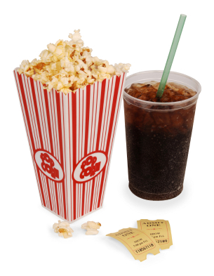Popcorn, soda, & tickets isolated on white with clipping path