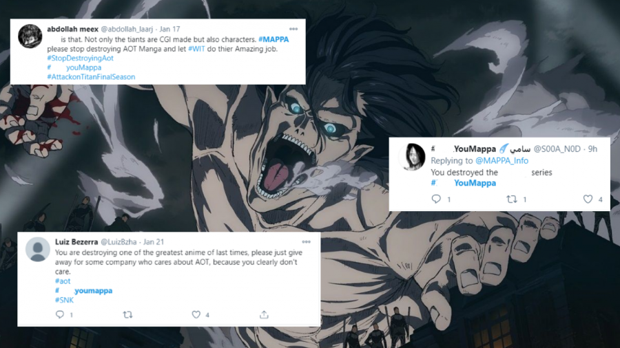 Fans harass Attack on Titan animators over Twitter after recent episodes.