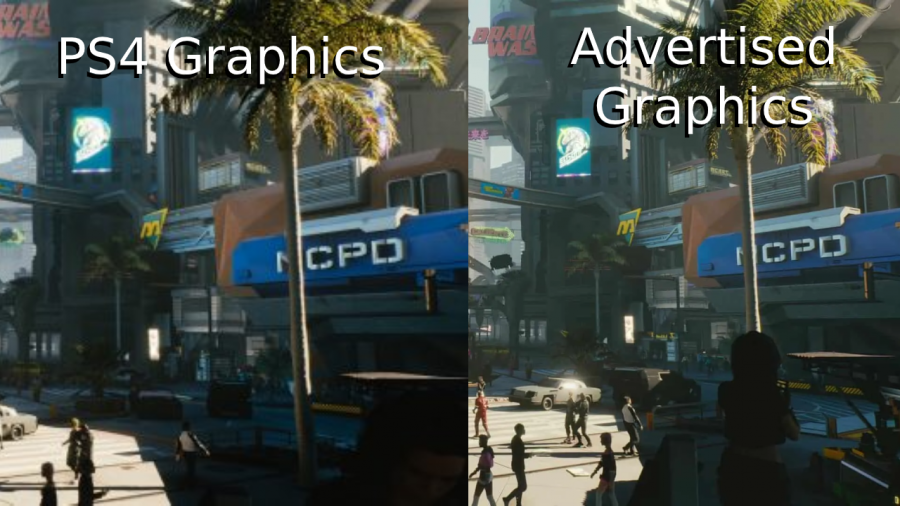 Graphics+of+Cyberpunk+2077+on+consoles+such+as+the+PS4+compared+to+the+advertised+graphics+presented+at+E3.