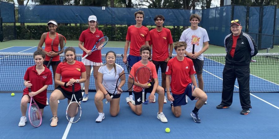 The Coral Gables tennis team get ready for their first match of the season against Miami Beach High.