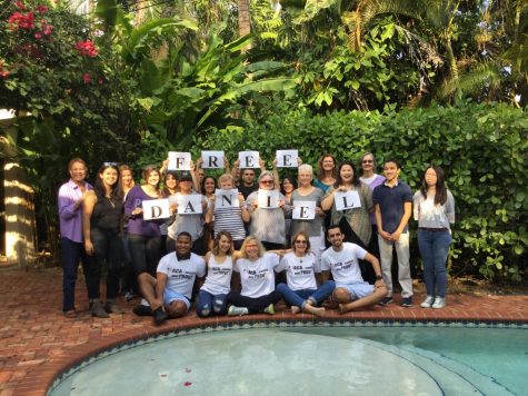 Gables alumna Monica Lazaro started the #HereToStay postcard campaign to fight back against former president Donald Trumps promises to repeal DACA. She is pictured in the bottom row at one of her postcard parties.
