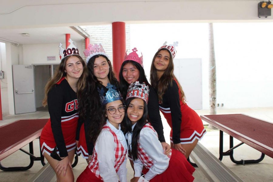 Cheerleaders and Gablettes in their senior crowns on the first day of school