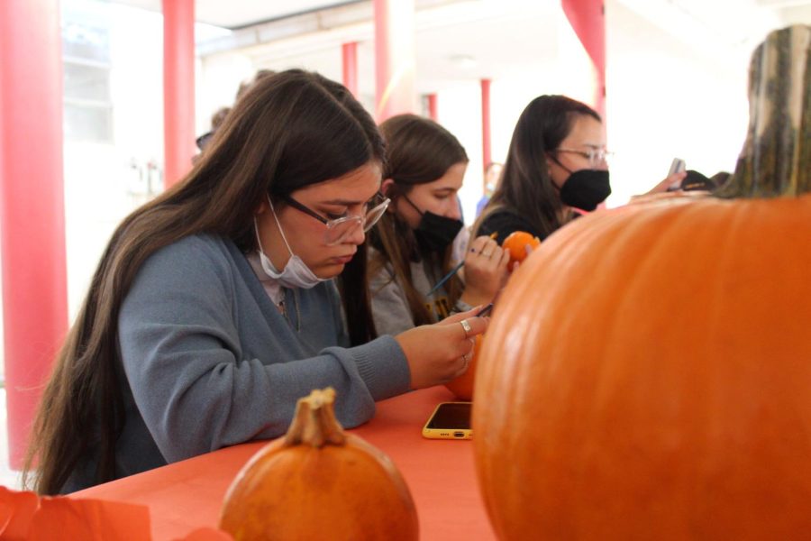 A freshman focuses on making her pumpkin perfect for the community service event.