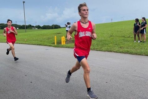 Marcos Algeciras keeping a steady pace as he runs the three mile race at this years first cross country meet.