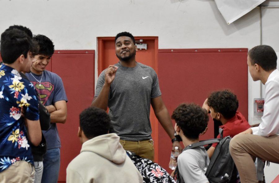 The boys basketball team gathered together in the gymnasium to meet the new Coach Shoon and hear about his plans for the winter season.