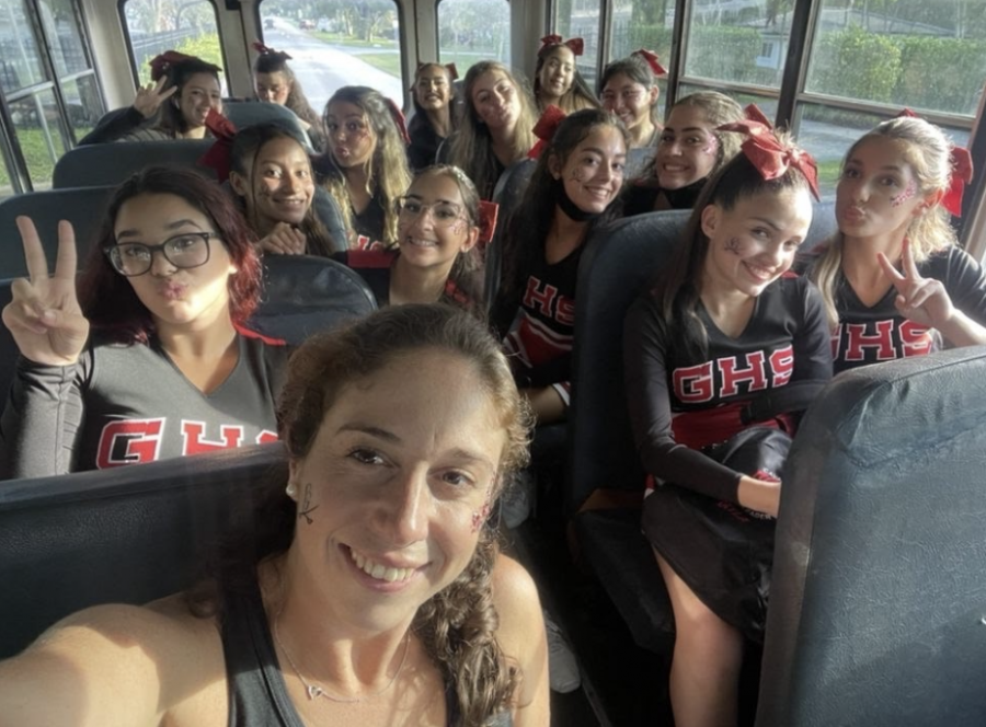 On+Friday%2C+Sept.+17%2C+Ms.+Yanes+joined+the+varsity+cheerleading+team+on+their+way+to+a+football+game+in+support+of+Gables.