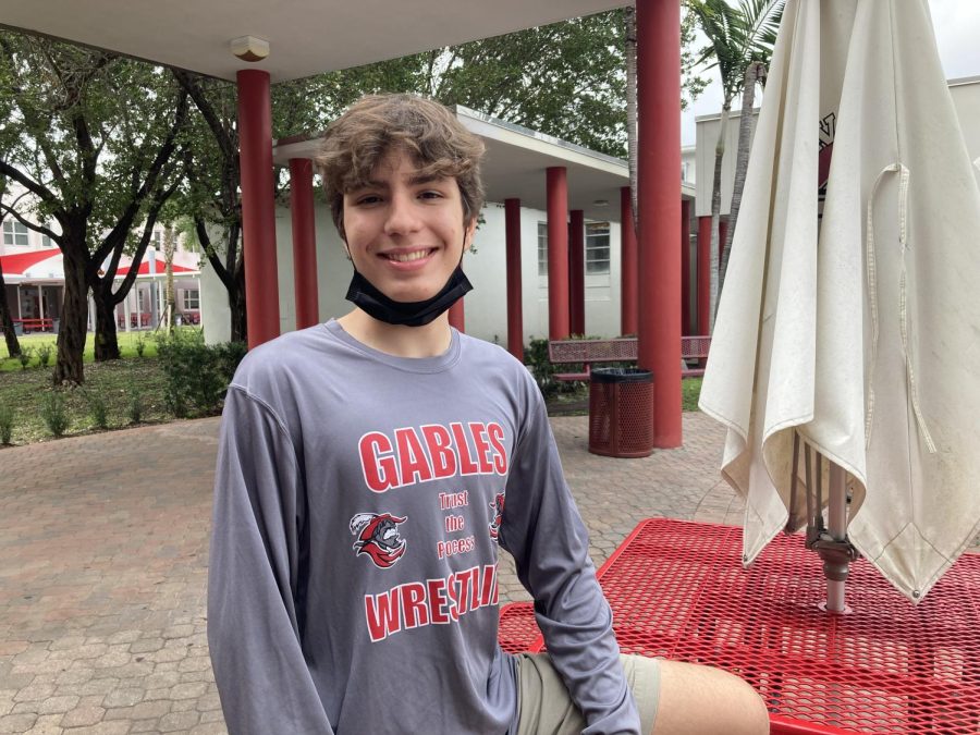 Freshman Alessandro Gregori sporting his Gables wrestling merchandise.