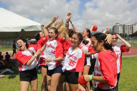 The Gables All-Stars give one final chant after their win in the wacky olympics. 