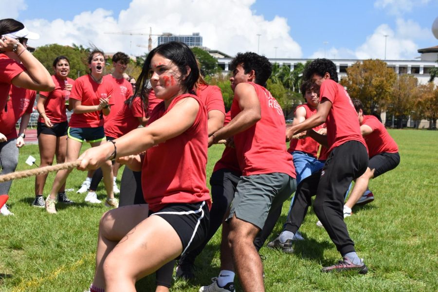 The Cavaleon pulling with a great deal of effort in their match of tug-of-war. 