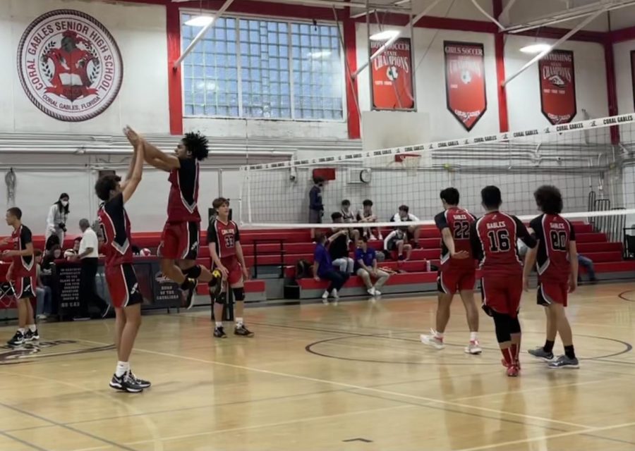 After taking a lead of five points, Cavaliers showed their excitement with a high five.