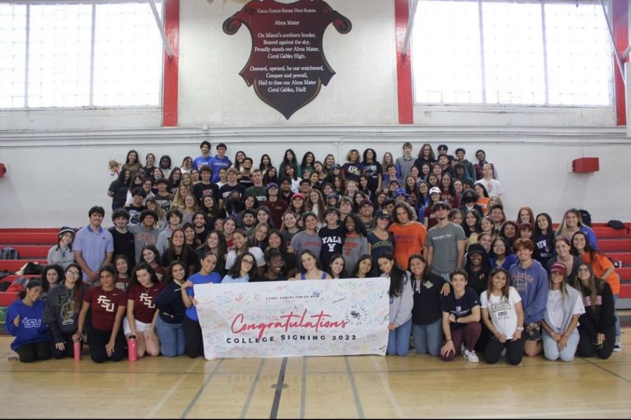 Seniors posed with a banner representing their class commitments on College Signing Day.
