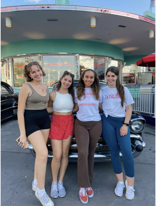 Senior trip organizers Melanie Estrada (fourth from left) and Nataly Leiva (third from left) are all smiles as they capture a memory with friends Maïa Berthier (first from left) and Jana Faour (second from left).