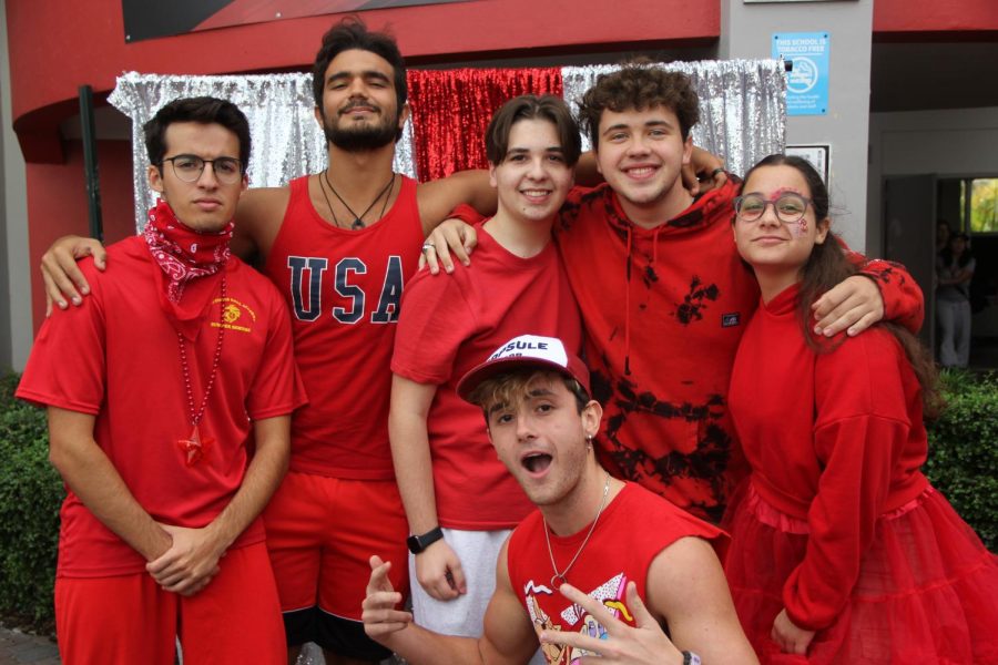 Seniors dressed in all red on their last day of High School spirit week: Color Wars 