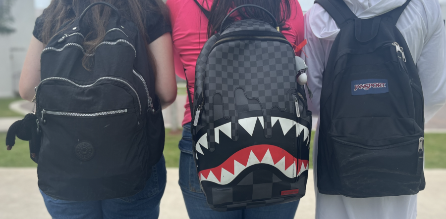 One design of Sprayground backpack standing out against Kipling and Jansport backpacks.