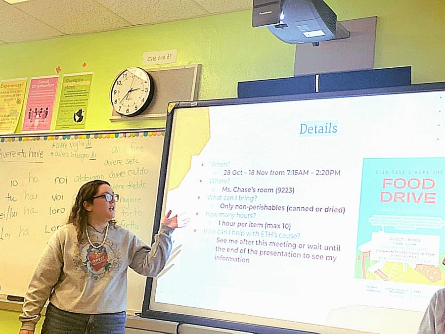Sophomore Michelle Hernandez presents her food drive to the Italian club.
