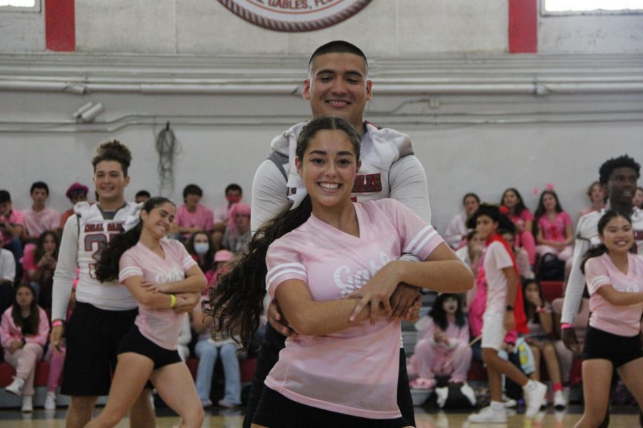 Alongside his teammates, senior Lucas Paez danced and performed stunts with cheerleader Beatriz Cruz.