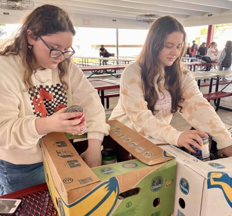 Michelle Hernandez (left) works together with Julia Pretell (right) to fill in boxes with cans during one of the food drive events. 